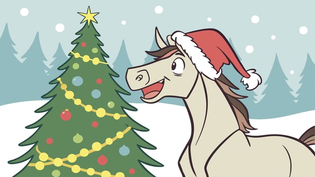 Horse wearing a santa claus hat with christmas tree in background vector