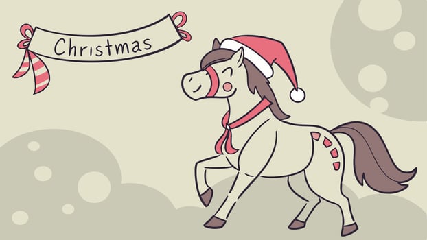 Horse with a christmas hat on. bokeh background. christmas banner vector