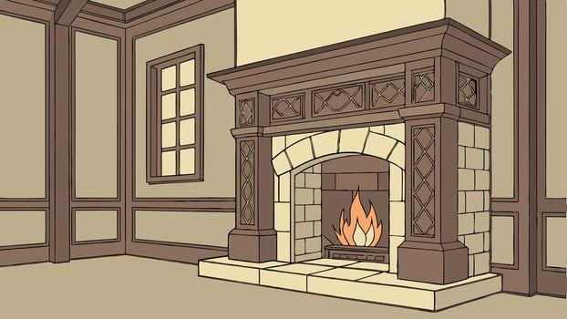 Large traditional fireplace with roaring fire. Empty mantle piece mockup shelf. vector