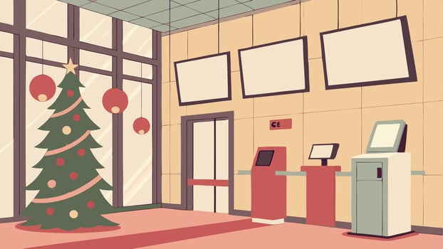 Modern office lobby with christmas decorations baubles gifts tree technology vector