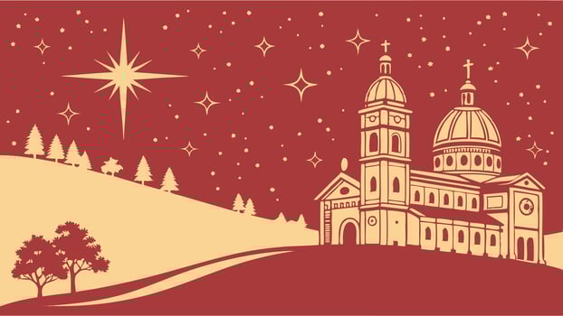 Christmas card with a church and star vector