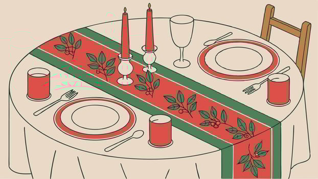 Table decorated for Christmas eve dinner with red ornaments vector