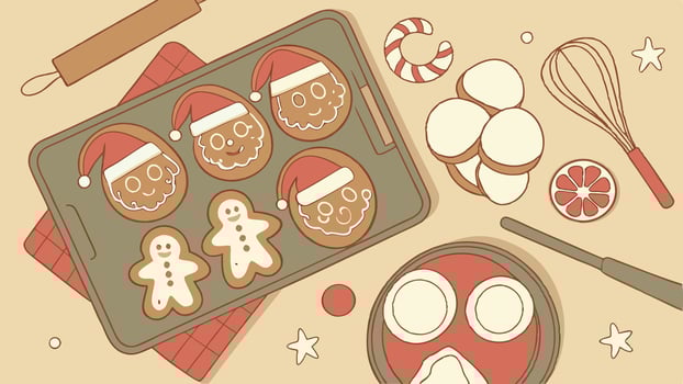Top view of many gingerbread santa claus christmas cookies. baking panorama banner. vector