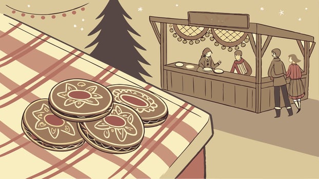 Traditional German cookies on a Christmas market with copy space image. vector