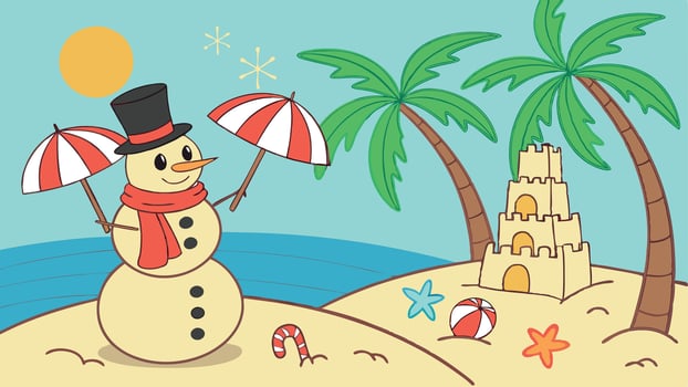 Two Sandy Christmas Snowmen are celebrating Christmas on a beautiful beach. vector