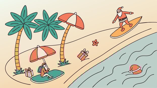 Vacation summer holiday christmas sea beach santa water surfing claus. vector