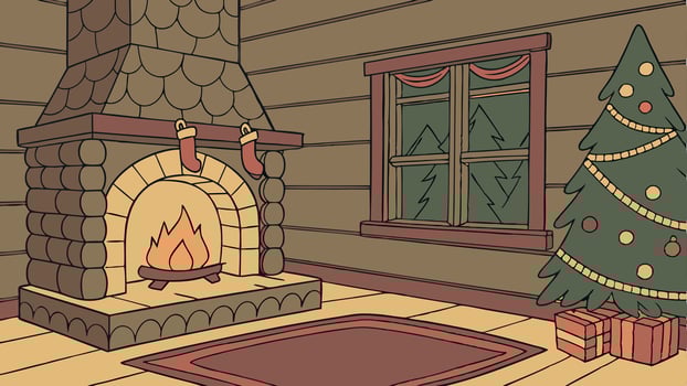 Warm and cozy fireplace in winter log cabin. christmas time. illustration. vector