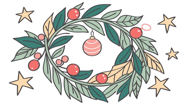 Watercolor christmas wreath decorated with baubles and stars on white background vector