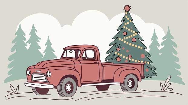 Watercolour illustration of red christmas truck and christmas tree vector