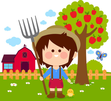 Little farmer boy at the farm in the country. Happy child at the farm working in the garden field with barn, farmhouse, fence and apple tree. vector