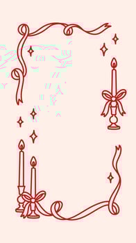 Vintage frame with candles in beautiful candlesticks decorated with coquette pretty bows, ribbons and stars. Hand drawn holiday border for greeting cards, invitations, stories template, social media vector