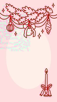 Vintage frame with Christmas tree garland, with candle decorated coquette bow, toys, stars. Holiday oval border for greeting cards, invitations, stories template, social media vector