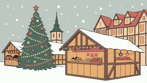 Christmas market in the city with a christmas tree vector