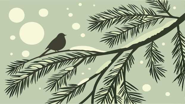 A bird sitting on a branch in a snow covered fir tree vector