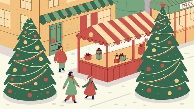 Illustration of people walking past a christmas market vector