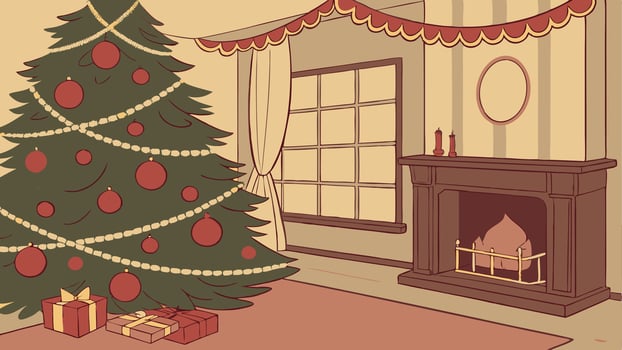 Christmas tree in a living room with fireplace and presents vector