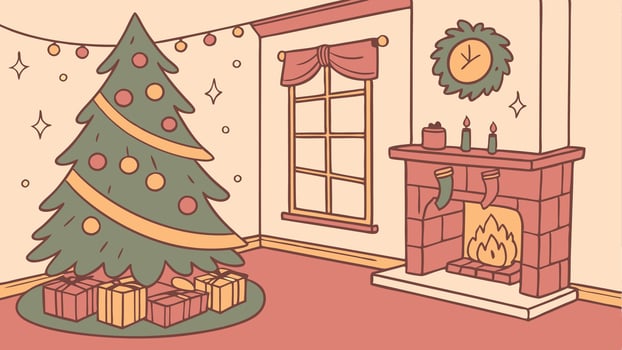 Christmas tree in a living room with fireplace and presents vector