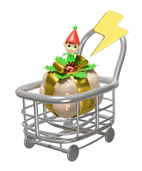 3d little elves in shopping cart with thunderbolt, gift box isolated. flash sale banner, online shopping, merry christmas, festive new year holiday concept, 3d render illustration png