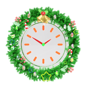 3d clock wreath with decorated branches of pine trees, jingle bell, holly berry leaves, clear glass lantern garlands isolated. merry christmas, festive new year concept, 3d render illustration png