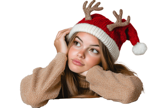 Cheerful Girl in Reindeer Wool Hat on Transparent Background png