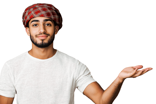 Man in red plaid cap presenting on transparent background png