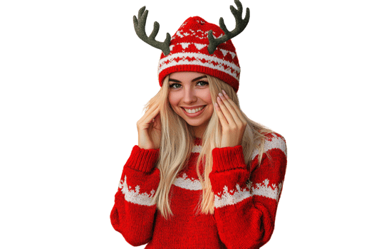 Smiling woman in red knit sweater and reindeer antlers hat on transparent background png