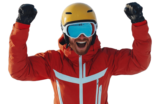 Joyful skier in red jacket with yellow helmet on transparent background png