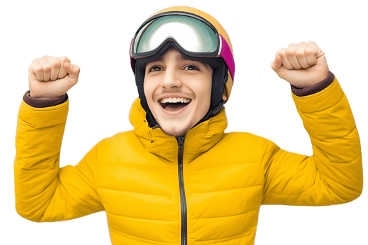 Joyful man in yellow ski jacket and goggles on transparent background png