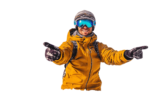 Smiling skier in yellow jacket pointing on transparent background png