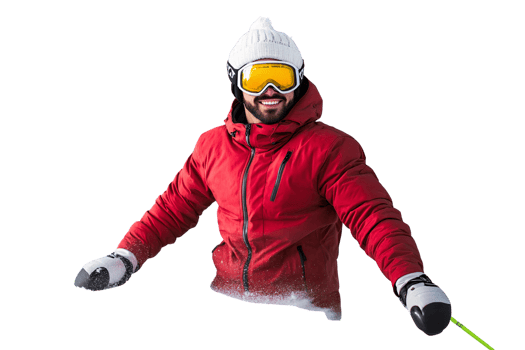 Smiling skier in red jacket on transparent background png