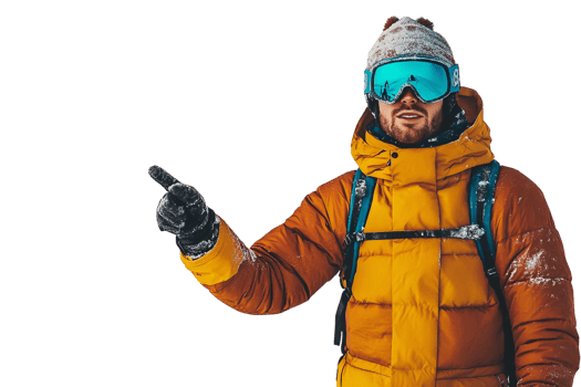 Snow-covered man in yellow puffer jacket pointing on transparent background png