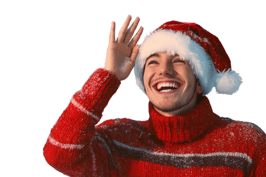 Joyful man in red christmas sweater and santa hat on transparent background png