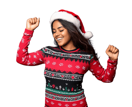 Happy woman in red christmas sweater on transparent background png