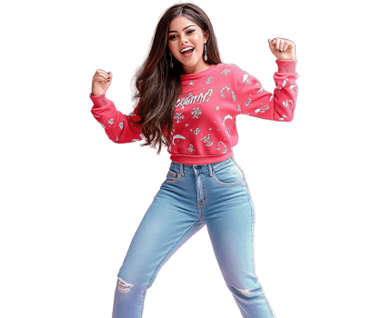 Happy woman in pink christmas sweater and blue jeans on transparent background png
