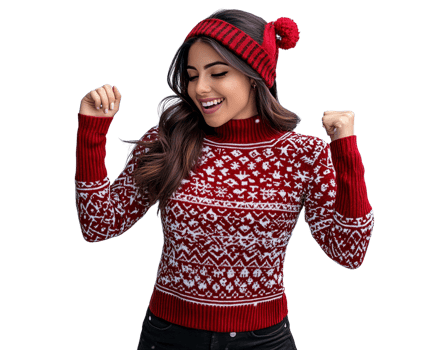 Happy woman in red fair isle knit sweater on transparent background png