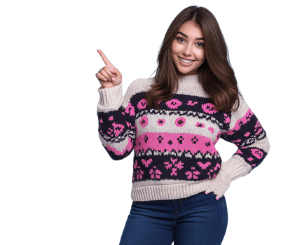Woman in fair isle sweater pointing up, on transparent background png