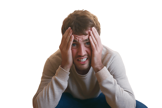 Stressed man with hands on head on transparent background png
