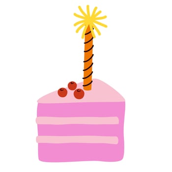 Birthday cake slice. Layered dessert with chocolate cream and sponge, cut piece with berries and candle. Sweet pastry, confectionery. Flat illustration isolated on white background vector