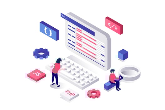 Creating website 3d isometric concept in geometry graphic design for web. People coding and developing homepage interface at screen, engineering layout and working in browser. illustration. vector