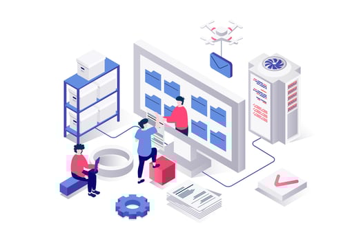 Electronic organization files 3d isometric concept in geometry graphic design for web. People managing digital documents in folders and interacting catalog at computer screen. illustration. vector