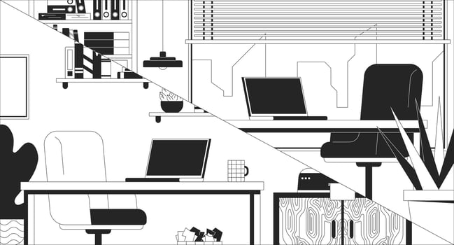 Empty workplaces for virtual meeting laptops black and white line illustration. Study rooms home offices tables 2D interior monochrome backdrop. Work from home. Telework notebooks desks outline vector