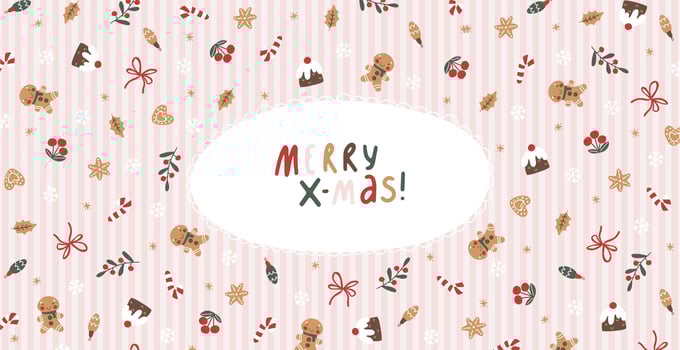 A playful hand-drawn Christmas card with a soft pink striped background. Featuring festive doodle elements and the message Merry X-mas. Perfect for sending holiday cheer and warm wishes vector