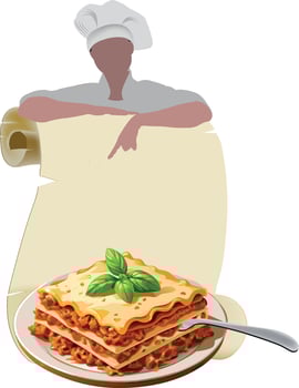 A chef holding a plate of lasagna and a scroll vector