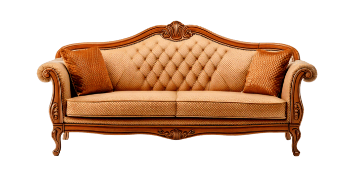 a brown sofa divan with two pillows with a wooden frame png