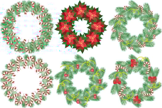 Christmas or New Year decorated evergreen twig and Poinsettia wreaths. Circle frames Set 6 Template. Copy space Isolated illustration Lettering, Greeting card, leaflet, banner, tag or web promo vector