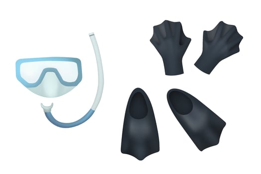 Snorkeling kit design. Flippers and gloves, goggles and earplugs for swimming. Diving equipment. vector