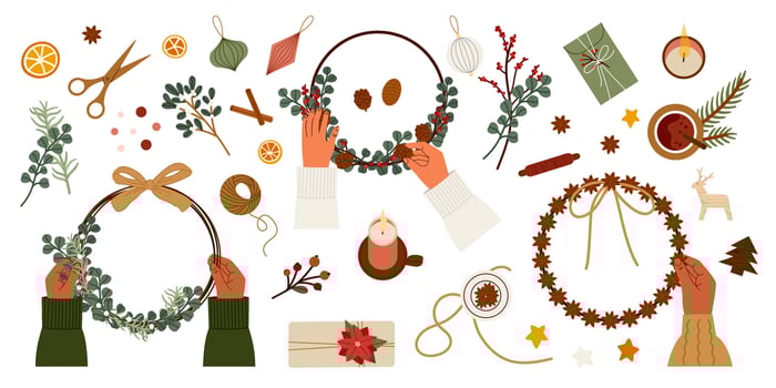 Hands Crafting Handmade Christmas Wreaths with Greenery, Berries, and Ribbon vector