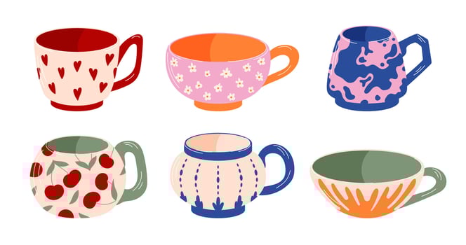 Set of colorful ceramic cups with various patterns like hearts, flowers, cherries and abstract designs. Flat style design. Isolated on a white background. vector