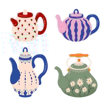Collection of colorful teapots with hearts, stripes, floral and elegant pattern in flat style. Ideal for tea lovers or as stylish kitchen decoration. Isolated on a white background. vector