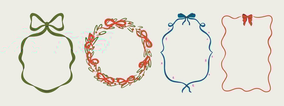 Set of Merry Christmas whimsical hand-drawn blue orange green color frames with wavy squiggle curly ribbons in trendy, vintage styles. Perfect for quirky holiday, Christmas invitation,greeting card vector